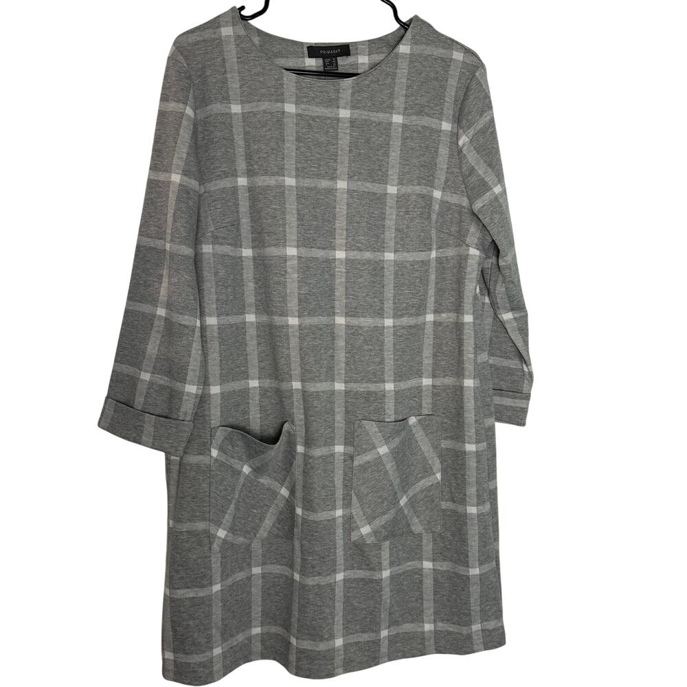 Primark Grey Plaid Shift Dress 3/4 Cuffed Sleeves & Front Pockets Y2K Style 12
